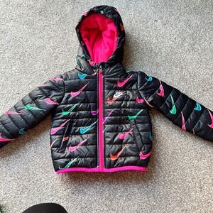 Nike Infant Hooded Puffer Jacket Black Multi-Color Swoosh Print Fleece Lined 12M